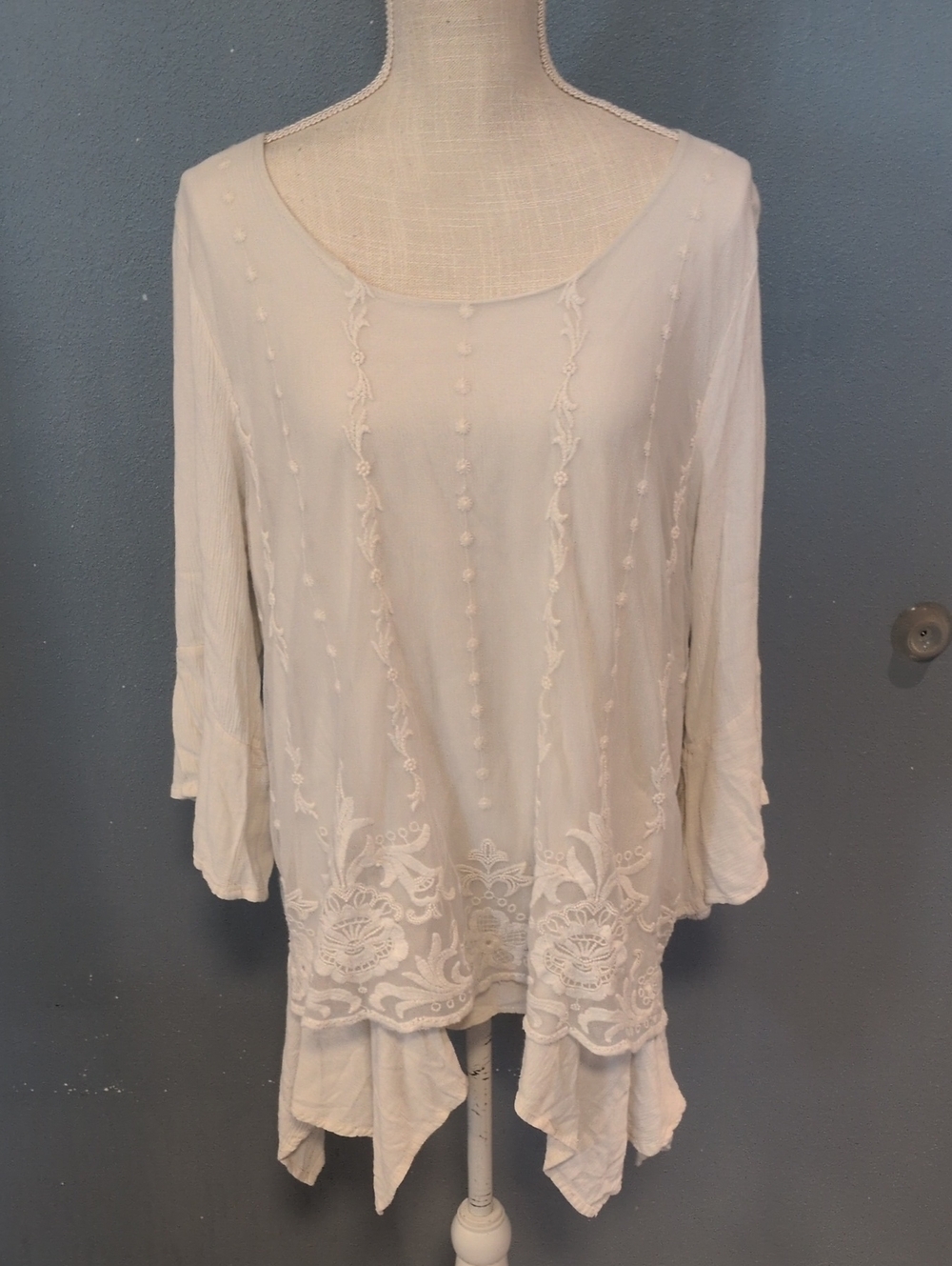 One World Sheer Floral Embroidery Bell Sleeve Boho Handkerchief Hem GauzeBlouse